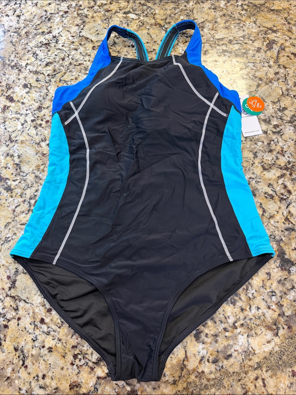 Black One-Piece Athletic Swimsuit with Teal Panels